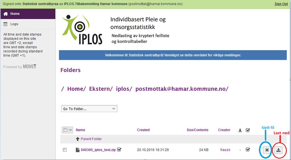 Figur 4-11: Kommunens område for nedlasting Klikk på nedlastingstegnet ytterst til høyre for filen Velg lagre ved spørsmål om å åpne eller lagre filen.