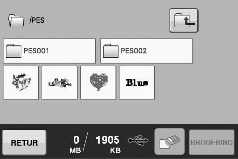 Mppenvn Mønstre som er lgret på et USB-medium Bne * Bnen viser den gjeldende mppen øverst på listen. Broderimønstre og undermpper inne i en mppe vises. * Trykk på for å gå tilke til forrige mppe.