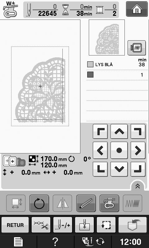BRODERIAPPLIKASJONER e Trykk på strt/stopp-knppen for å rodere mønsterdelen. f Når roderingen er ferdig, vises følgende skjermilde.