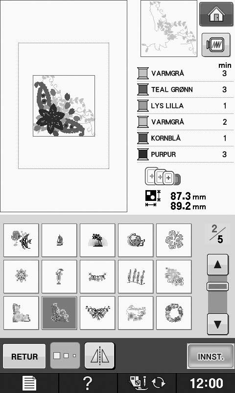 VALG AV MØNSTRE FOR REDIGERING Velge roderimønstre/ Eksklusivt fr Brother/ Blomsterlfetmønstre/rmme/ spoleroderimønstre Vlg v lfetiske tegnmønstre Når du velger lfet i Rediger roderi -skjermildet, kn