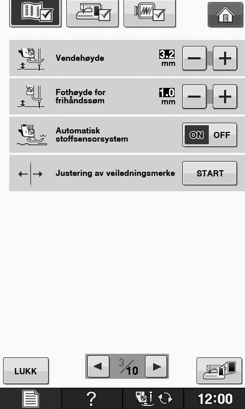 Juster trykkfothøyden. (Velg høyde på trykkfoten når trykkfoten er hevet.) d Juster trykkfottrykket. (Jo høyere tll, desto krftigere trykk. Sett trykket til 3 for norml sying.