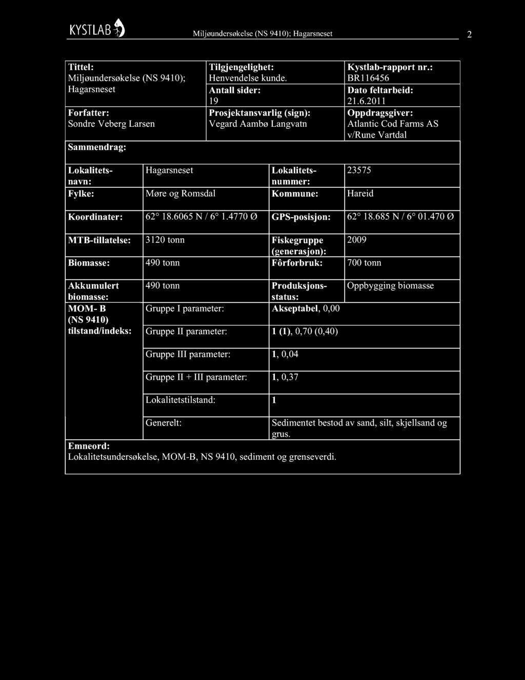 56 Dato feltarbeid: 21.6.2011 Oppdragsgiver: Atlantic Cod Farms AS v/rune Vartdal Lokalitetsnavnnummer: Hagarsneset Lokalitets- 23575 Fylke: Møre og Romsdal Kommune: Hareid Koordinater: 62 18.