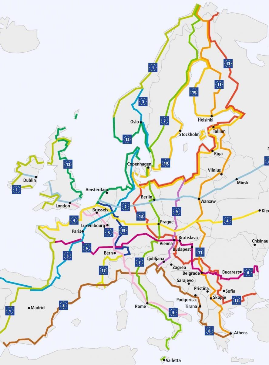 Europeisk sykkelrutenett EuroVelo 14 ruter til sammen 70.000 km EuroVelo har 6 ruter i Norge, sammenfaller med flere nasjonale sykkelruter. North Sea Cycle Route fra Svinesund til Bergen (EV12).