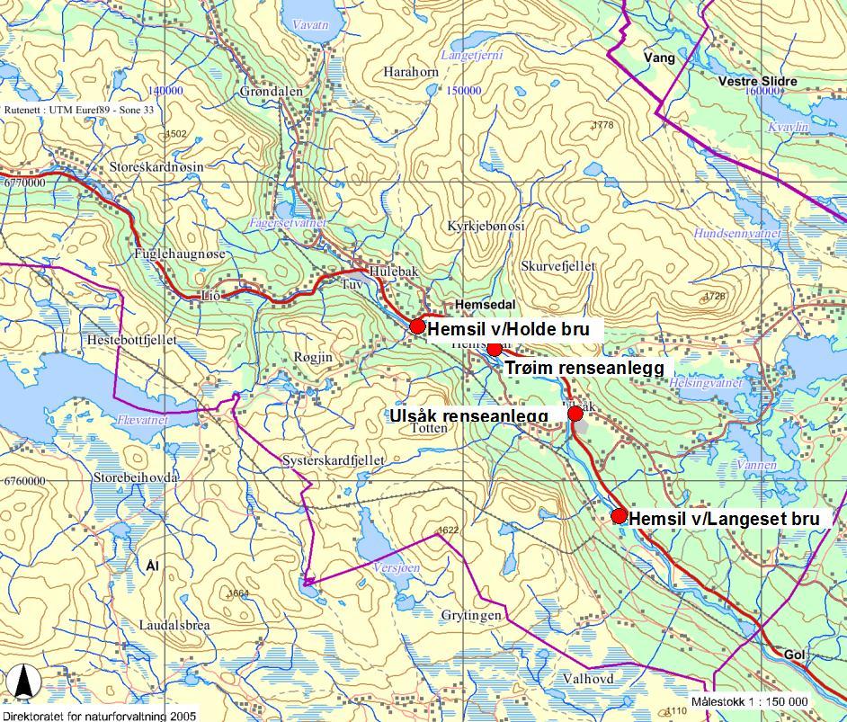 OVERVÅKING AV HALLINGDALS-VASSDRAGET I 2013 15 (56) Trøim renseanlegg Prøvepunkt Beskrivelse Hemsil v/holde bru Fra Holde bru nord for Hemsedal sentrum. Nedstrøms Tuv og Grøndalen rensedistrikter.