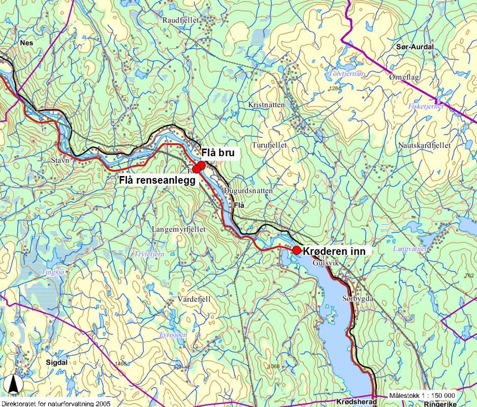 18 (56) OVERVÅKING AV HALLINGDALS-VASSDRAGET I 2013 Prøvepunkt Beskrivelse Flå bru Mulig forurensning fra Flå sentrum og områdene oppstrøms (UTM-sone 32: X= 525930; Y= 6699209) Flå renseanlegg