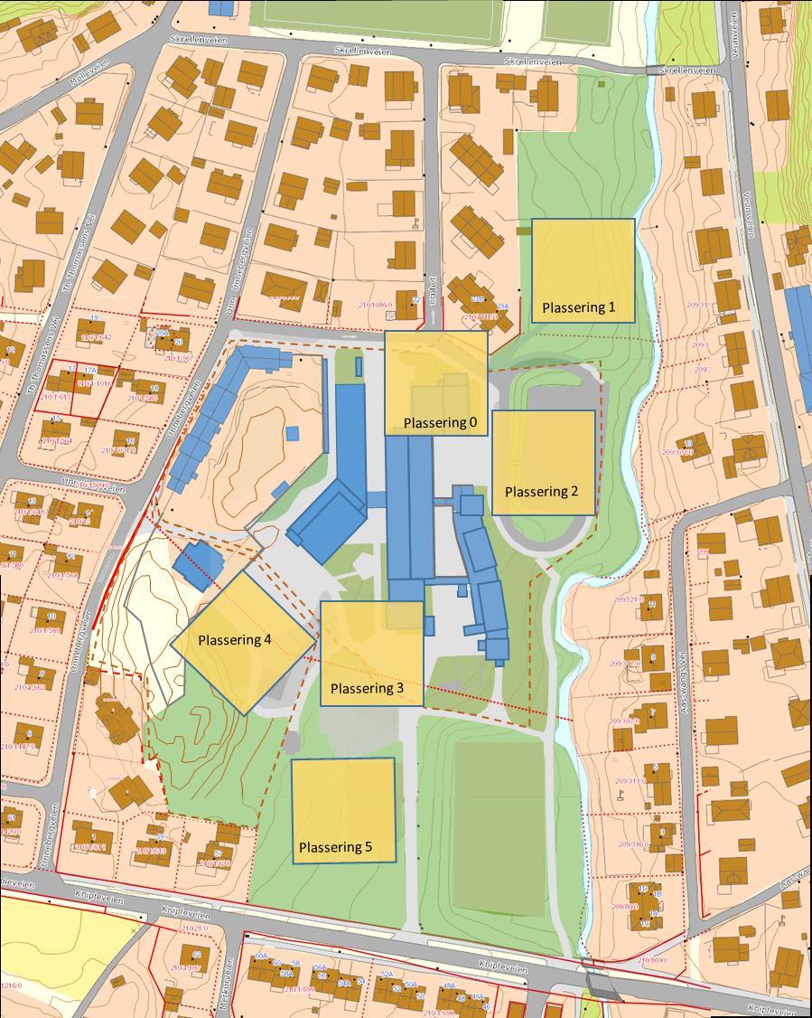Plassering 0 innebærer at nye kroppsøvingsarealer etableres i tilknytning til eksisterende kroppsøvingsbygg.