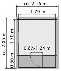 Veggdimensjon 16 mm Takflate 5,1 m² Mønelengde 220 cm Mønehøyde 233 cm Grunnmål 220 x