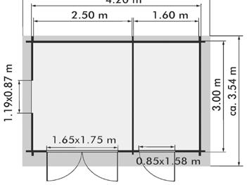 Redskapsbod COMBI Fakta Netto grunnflate 6,3 m² Veggdimensjon 28 mm Takflate 9 m² Mønelengde 403 cm Grunnmål 175 x