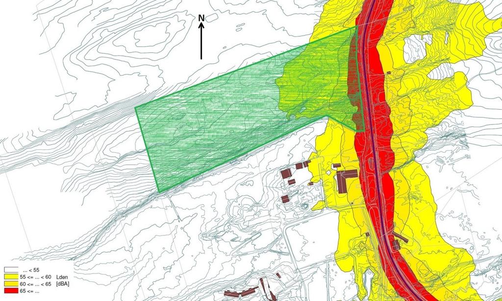 5 Beregninger 5.1 Trafikkstøy prognose 2035 5.1.1 Støysonekart veitrafikk Under vises støysonekart for støy fra veitrafikk (Fylkesvei 64).