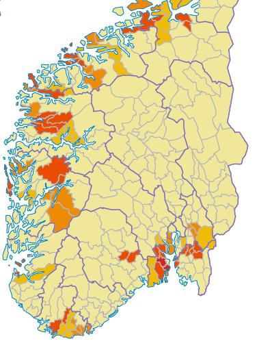 I andre områder blir det lite.. Aust-Agder, Telemark, Buskerud (ekskl.