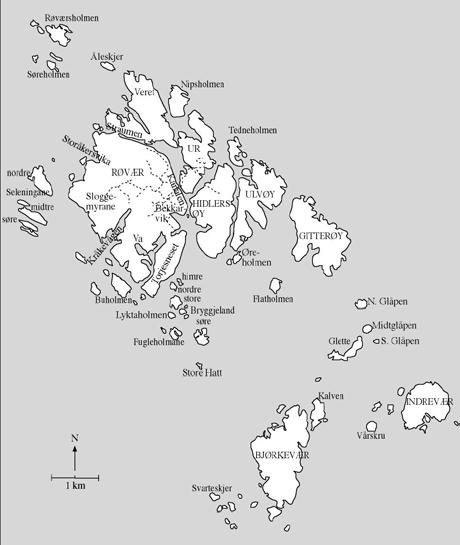 Haugesund, Røvær, Røvær (hovudøya) Kartblad: 1113 IV Utsira UTM: KL 773-785, 946-968 Kommune: Haugesund Inventør: Anders Lundberg Dato: 21. og 24.07.2000, 04.08.2000. Sjekka mot ortofoto frå 2002 i februar 2009.