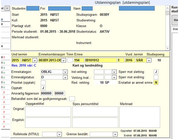 I Arbeidsområdet (midten) bearbeides ønsket emne som enten allerede finnes i planen (venstre side) eller som skal legges inn i