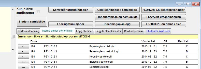 I høyre del av bildet finner du overgangsknapper til ulike bilder og rapporter og arkfaner som kan inneholde avlagte eller