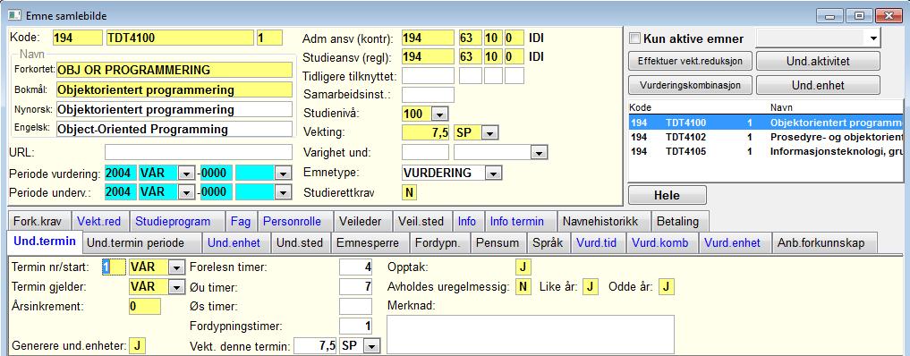 Emne samlebilde Emne er det grunnleggende studieelement, den minste faglige enhet som du kan få studiepoeng på. Emne samlebilde åpnes fra modulen Studieelementer, meny Bilder.