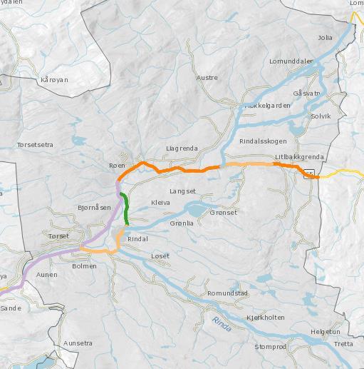 Situasjonsbeskrivelse Vegtype og trafikkmengde Rindal kommune har ca 29 km kommunale veger, og ca 76 km fylkesveger, som kartet nedenfor viser.