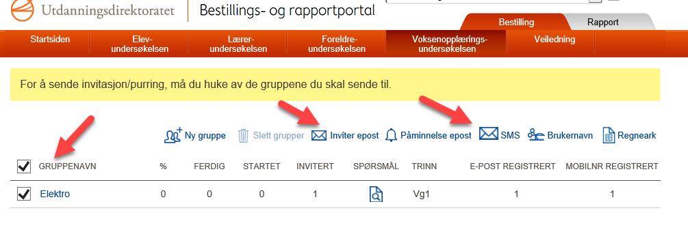 Når du har satt i gang undersøkelsen gjenstår å sende epost- og/eller SMS-invitasjon til elevene.