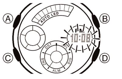 Sekunder DST Lokal bykode Timer Minutter Lys varighet Dato Måned År 12/24 timer 4. Når innstillingene som ønskes forandret blinker, bruk B og D til å forandre dem som vist nedenfor.