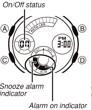 Slå av og på en alarm Av/På status 1. Velg en alarm i alarm-modus ved å trykke på D. 2. Trykk A for å slå timesignalet på (ON) og av (OFF).