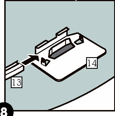 Viktig: Vær sikker på at du får skinnen helt inn i hakket på sidestøtten, den firekantede enden på skinnen skal være i hakket, ikke den åpne buede delen av bunnskinnen (se figur 5 og 6). d. Innfør den andre enden av overgangskinnen A sammen med en bunnplate (Nr 14).