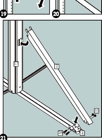 Løft enden på avstiveren oppover, slik at den sklir opp og låses i sporet. Med det samme kan du svinge den andre enden ned på den diagonale braketten (Nr 4) på bunnkanalen (se figur 18 og 19).