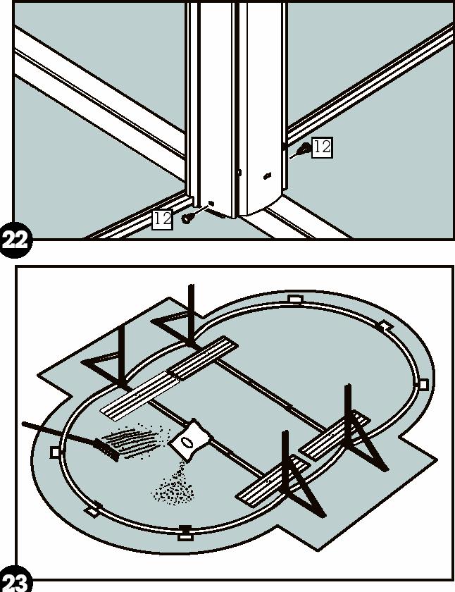 Husk: Spre ut muresand eller styrofoam plater ut over hele fundament området innenfor bunnskinnene. Dette blir et beskyttende underlag for basseng duken.