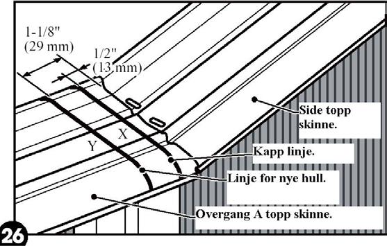 c. Med enden av side topp skinnen over overgang skinnen, merk avstanden 13 mm og 29 mm fra enden på side topp skinnen.
