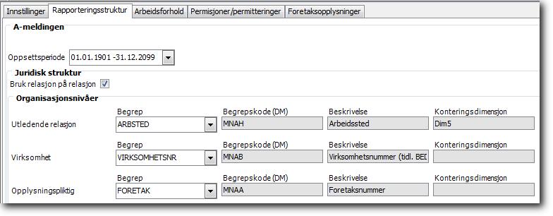 Dersom det er huket av for Bruk relasjon på relasjon, vises det tre nivåer. Utledende relasjon Virksomhet Opplysningspliktig Angi i feltet Begrep på øverste rad, begrepsnavnet for Utledende relasjon.