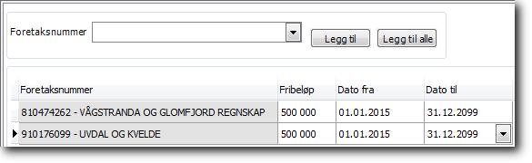 Dersom du ikke benytter et enklientsoppsett registrerer du i skjermbildet Vedlikehold fribeløp det totale fribeløpet i alle firmaene (klientene).