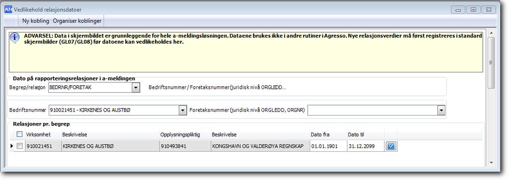 Relasjonsdatoer Generelt For at endringer i rapporteringsstrukturen, som for eksempel virksomhetsoverdragelser i en enklient, eller for at endringer i andre relasjoner i Oppsett skal gjelde fra