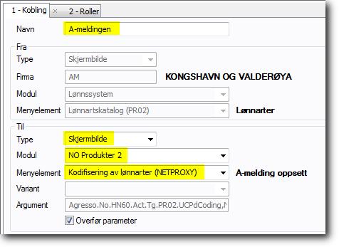 Ny kobling Gi koblingen et navn, for eksempel A-meldingen og fyll inn verdier fra