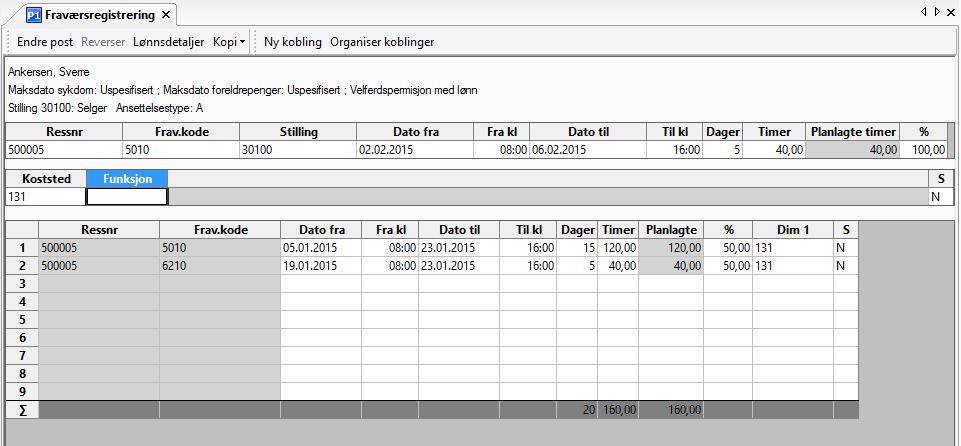 Fravær må være registrert på fraværskoder som er definert i Oppsett med minimum følgende informasjon.