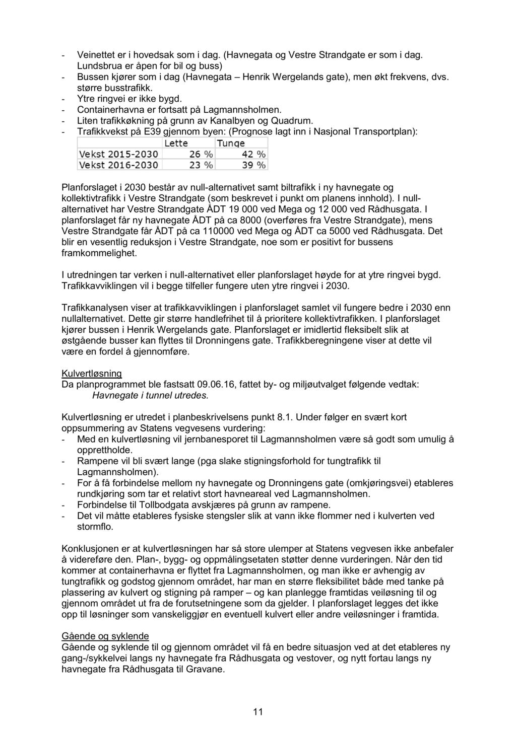 - Veinettet er i hovedsak som i dag. (Havnegata og Vestre Strandgate er som i dag. Lundsbrua er åpen for bil og buss) Bussen kjører som i dag (Havnegata Henrik Wergelands gate), men økt frekvens, dvs.