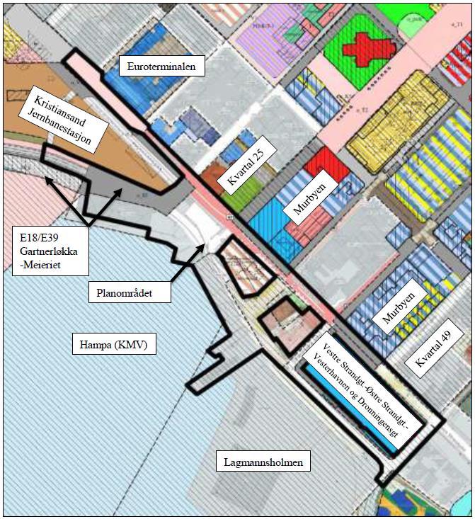 Vestre Strandgate inngår i del 1, mens ny havnegate og øvrige arealer i Vestre havn inngår i kommunedelplanens del 2, som er under utarbeidelse.