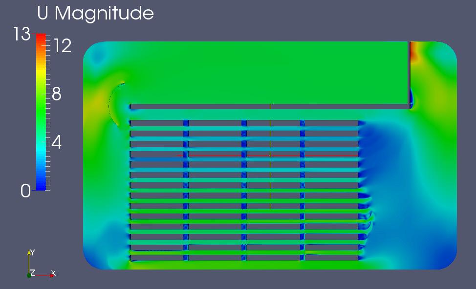 Figur 9.3 Hastighetsfelt i tunell med ledeskovl etter himling (simt3guide) En beregning av frysetider ble gjort for hver hylle basert på simulerte lufthastigheter.