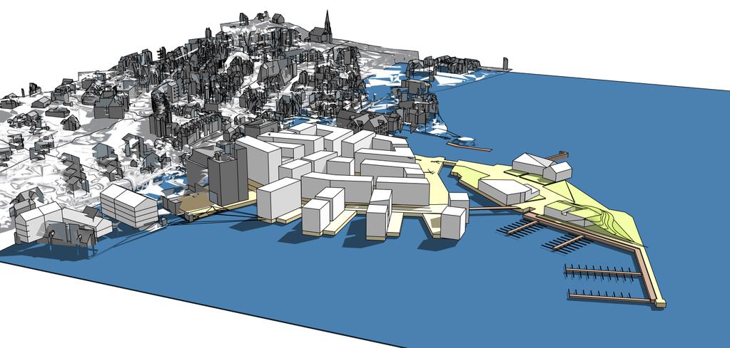 Beskrivelse av planlagte bygg Planområdet består av relativt tett-samlede bygningsmasser på mellom 4 og 6 etasjer.