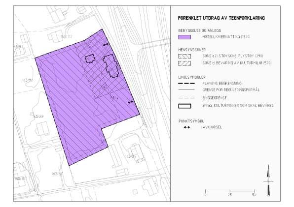 Figur 1-21: Eksempel på bevaring av bygninger. Bygg lagt inn som juridisk linje for bygg, kulturminner, m.m. som skal bevares, samt hensynssone for bevaring av kulturmiljø.