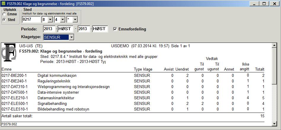 Rapporten kan kjøres ut for en bestemt klagetype (begrunnelse, formell feil, sensur) eller for alle. FS579.