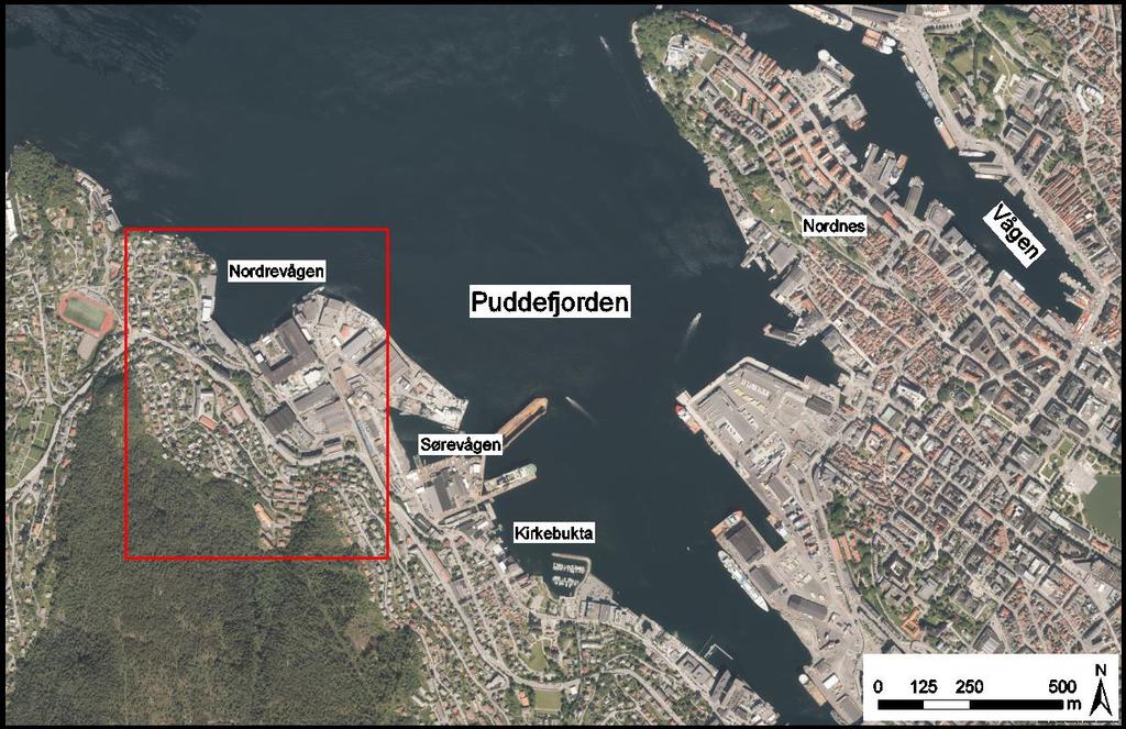 6 1 Innledning I forbindelse med at det skal gjennomføres tiltak mot forurenset sjøbunn i Nordrevågen og Puddefjorden i Bergen er det behov for å kartlegge i hvor stor grad ny forurensning kan