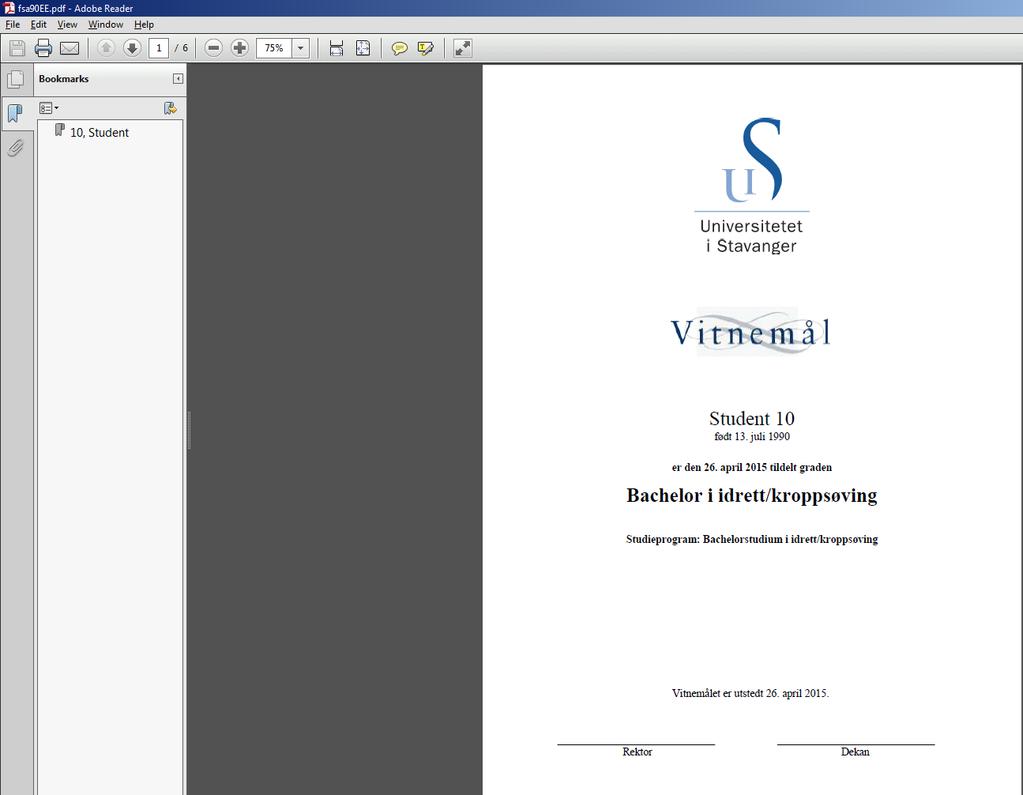 5.4 Pdf-fil I Adobe Reader vises vitnemålet slik: Det er ikke mulig å redigere dokumentet i Adobe Reader.