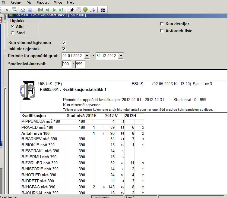 7.3 Rapport FS695.001 Kvalifikasjonsstatistikk 1 Plassering: Modul: Kvalifikasjon Rapport FS695.