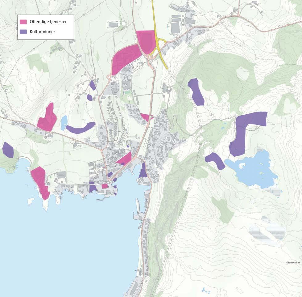 4.3.2 Illustrasjon av offentlige tjenester og kulturminner. Illustrasjon: Rambøll 3. Byutvikling Fra strandsitterstedet til i dag har Vikevåg utviklet seg i samspill med resten av kommunen.