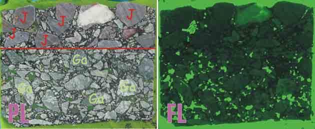 Impregnerte planslip viser under fluorescens at asfalten for enkelte resepter inneholder mange hulrom (figur 5).