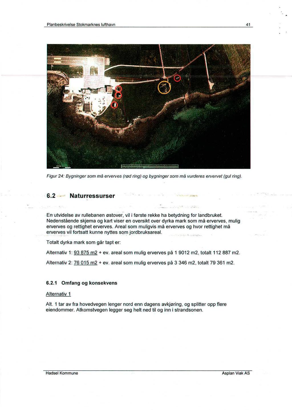 Planbeskrivelse Stokmarknes lufthavn 41 Figur 24: Bygninger som må erverves (rød ring) og bygninger som må vurderes ervervet (gul ring). 6.