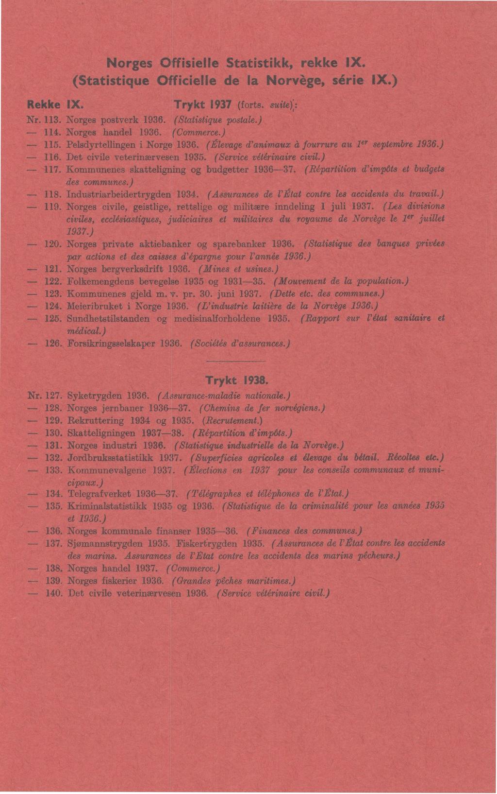 Nrges Offisielle Statistikk, rekke IX. (Statistique Officielle de la Nrvège, série IX.) Rekke IX. Trykt 9 (frts. suite): Nr.. Nrges pstverk 9. (Statistique pstale.). Nrges handel 9. (Cmmerce.). Pelsdyrtellingen i Nrge 9.