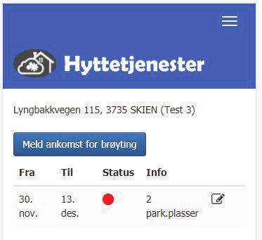 Denne siden kan variere fra leverandør til leverandør, men den viktigste funksjonen er rapportering av ankomstdatoer til hytta, slik at