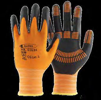 MEKANIKERHANSKE SOFTGRIP En mekanikerhanske i oransjefarget sømfritt nylonstoff og sort nitrilbelegg, med gripebelegg i håndflaten.