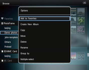 Albummeny: [Copy]: Kopier medier i albumet til et annet album [Move]: Flytt medier i albumet til et annet album [Delete]: Slett medier i albumet [Rotate] (kun for bildemenyen): Roter bildet i albumet
