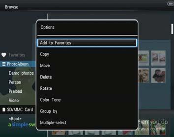 Legg til medier fra albumet i albumet [Favorites] [Create New Album]: Opprett et album [Copy]: Kopier medier i albumet til et annet album [Move]: Flytt medier i albumet til et annet album [Delete]: