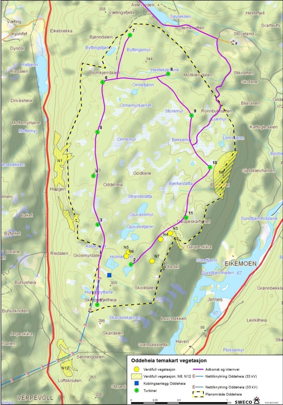 Figur 8-8 Temakart over planområde Oddeheia som viser turbiner, internveier og registrert