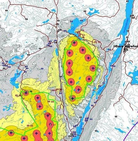 Figur 10-5. Støysonekart for Oddeheia, beregningshøyde 4 m. Viser støyutbredelsen for årsmidlet A- veid lydnivå, L den. Gule og røde områder har lydnivå over grenseverdi L den 45 db.